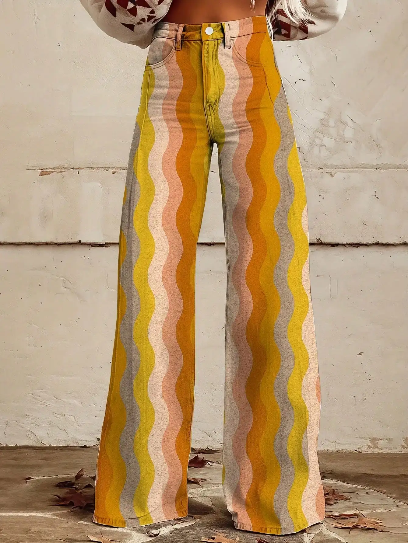 

Women High Waist Wide Leg Flared Jeans Retro Wave Print Mustard Yellow Pink Beige