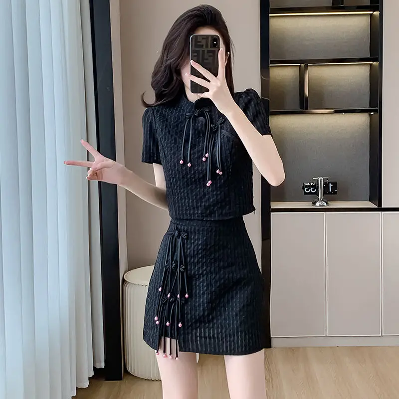 

Large Size 2 Pieces Skirt Sets for Women Chic and Elegant Festival New in The Same Korea Top Bottom Chinese Style Woman Outfit