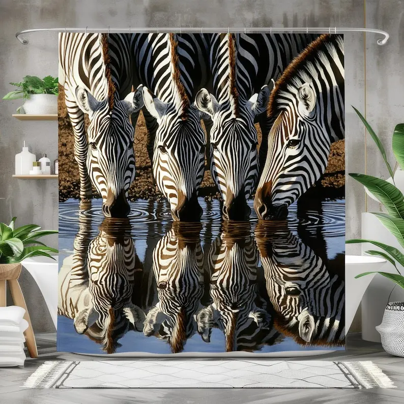 

Zebra Shower Curtain - Waterproof Bath Curtain, Wildlife Safari Decor, Black and White Zebra Reflections - Nature, Animal