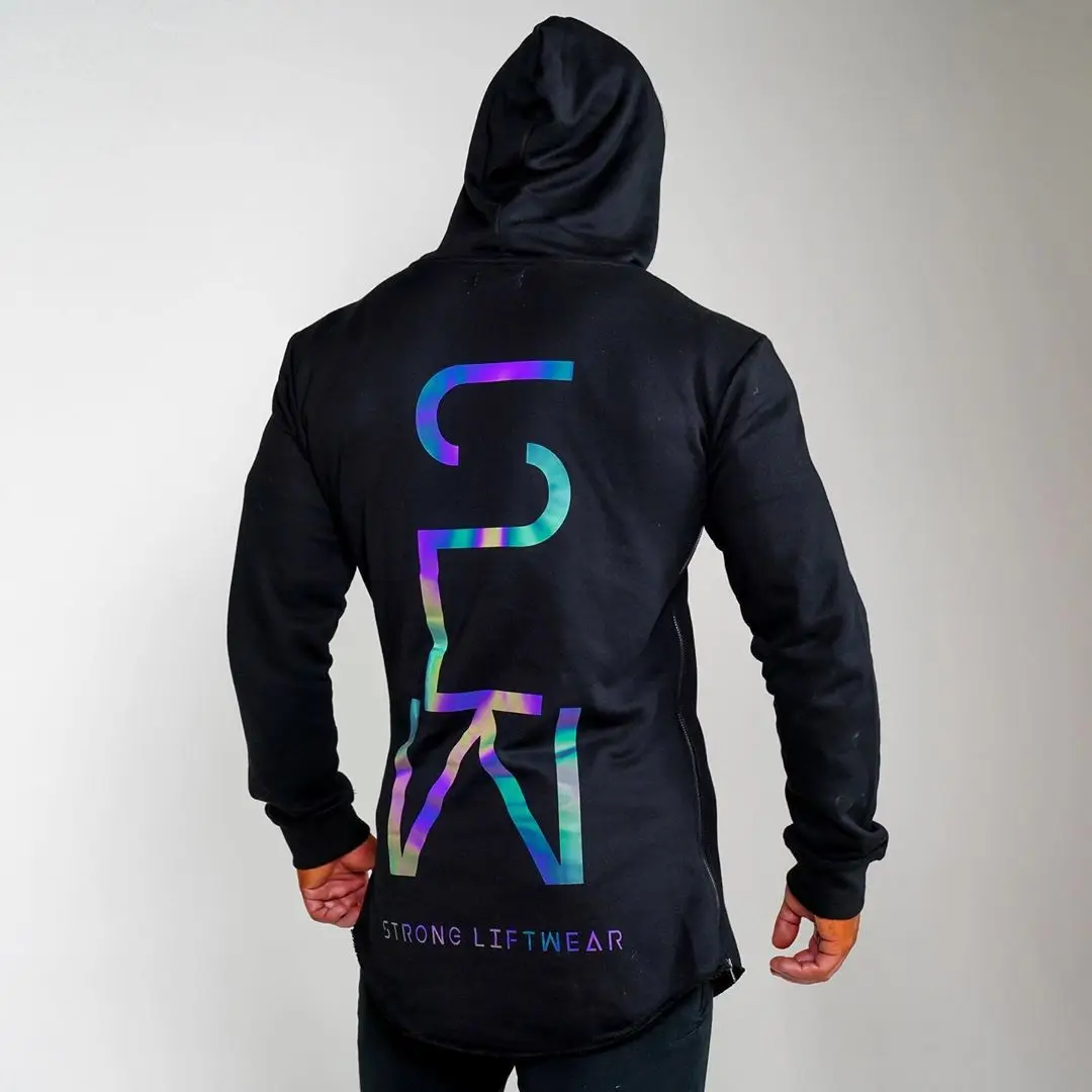 2023 Autumn Colorful Reflective Hoodie Running Fitness Training Long Sleeve Men\'s Elastic Laser Sports Coat Tide