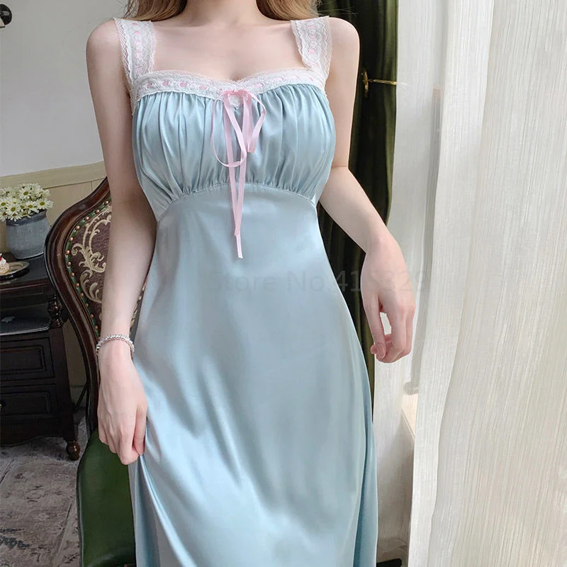 French Style Lace Nightgown Women Long Sleepshirt Sexy Spaghetti Strap Nightwear Rayon Lounge Wear Elegant Robe Gown Lingerie