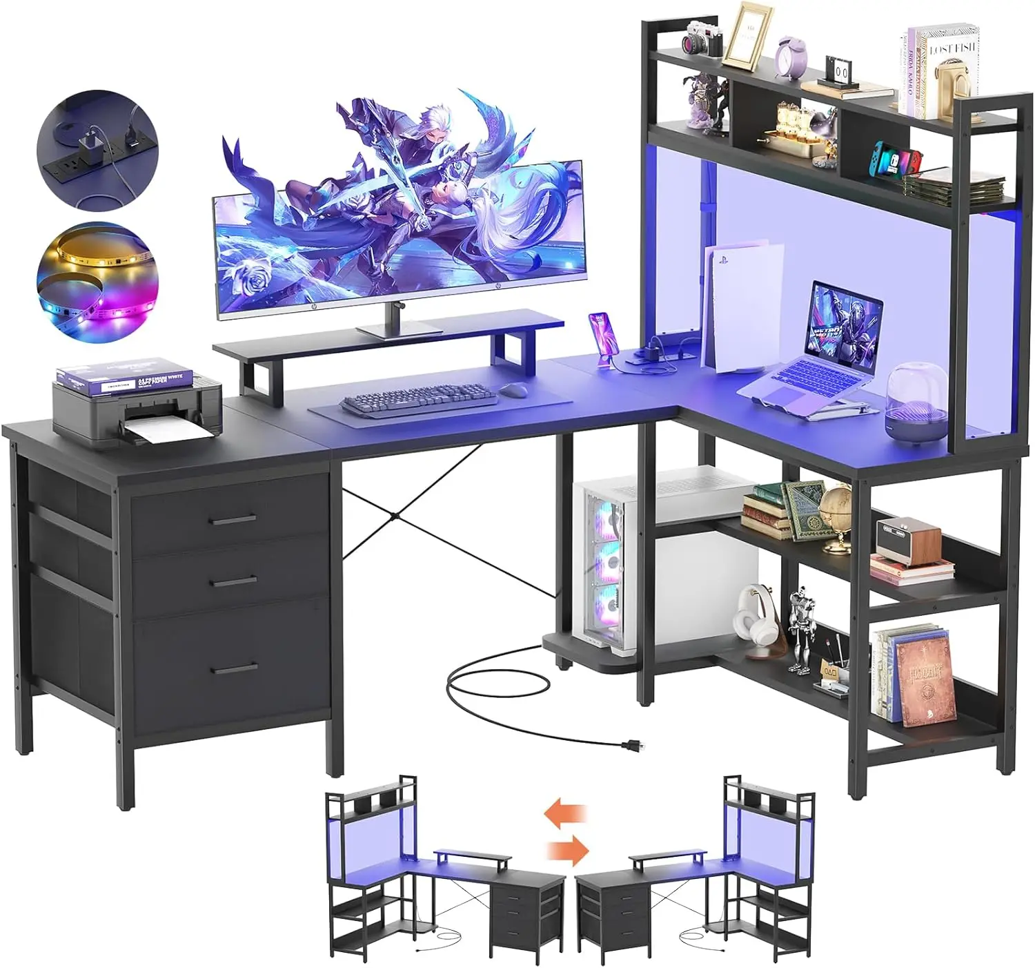 

Aheaplus L Shaped Desk with Hutch, Gaming Desk with Led Lights, Reversible Computer Desk with Power Outlet, Corner