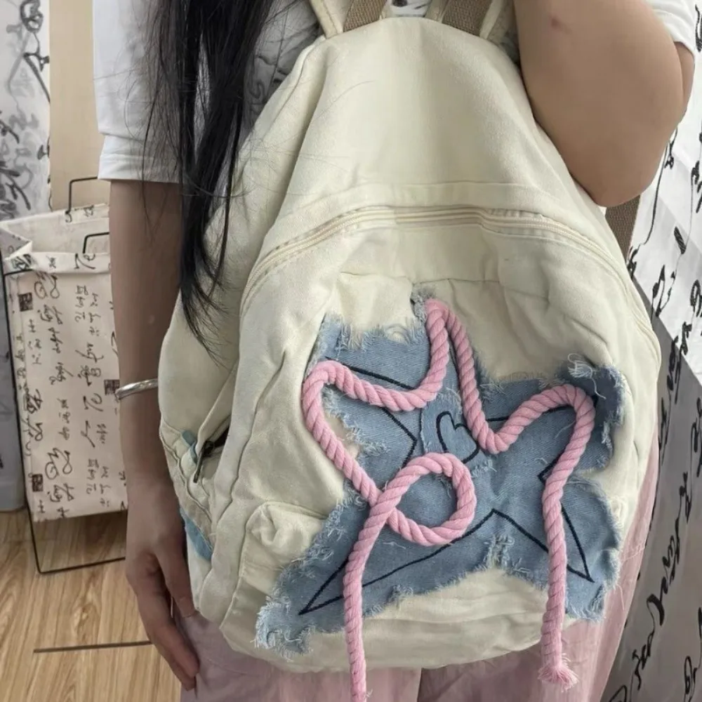 Women Y2K Exquisite Sweet Fresh Panelled Handle Satchel Denim Student Preppy Style Literary Backpacks Star Canvas Shoulder Bags