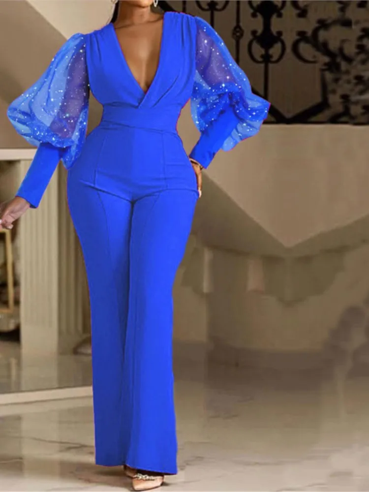 Ladies Elegant Office Jumpsuit Romper For Women 2023 High Waist Wedding Overalls Sequins Bodycon Long Sleeve Party Jumpsuit Club