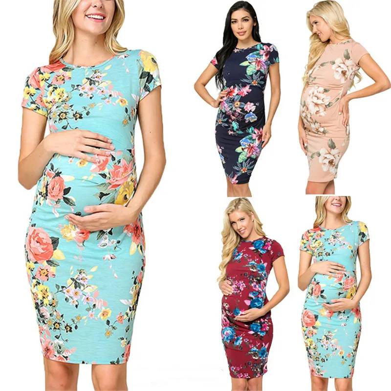 

Summer Maternity Dress Large Size Printed High Waist Street Style Women's Dress mid Length H Type Floral Pattern round Neck