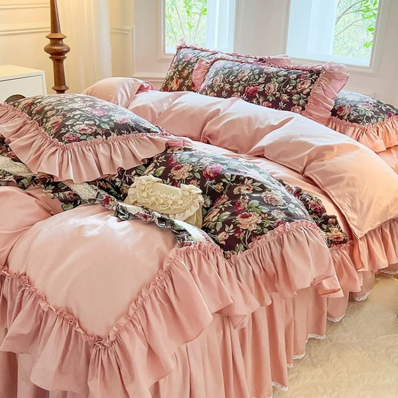 French retro cotton four-piece set of 100 pure cotton rose flower princess wind lotus leaf lace quilt cover premium bed skirt