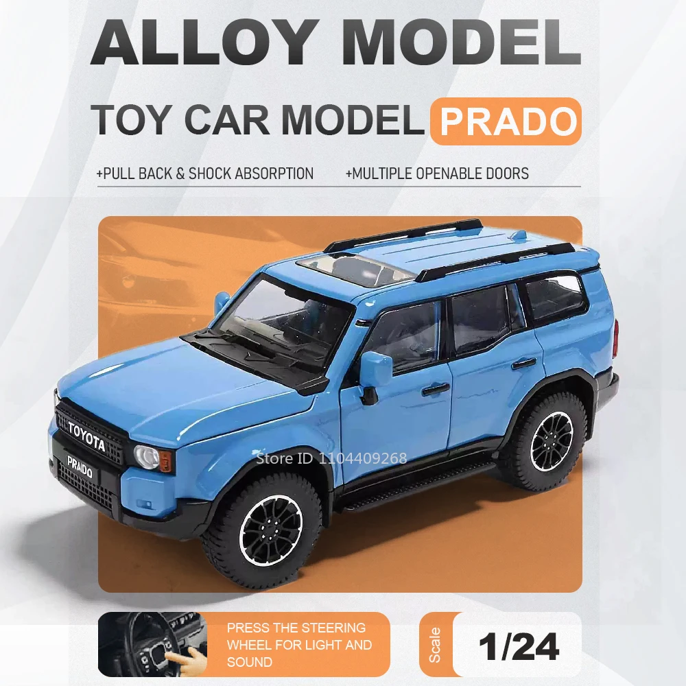 

Масштабная модель автомобиля Toyota Prado RAV4 1:24, игрушечная машинка с открывающимися дверями и рулевым управлением, внедорожник со звуком и светом, подарок для детей