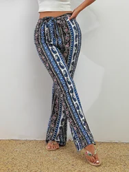 Paisley Print High Waist Pants Boho Flare Leg Elastic Waist Pants Womens Clothing