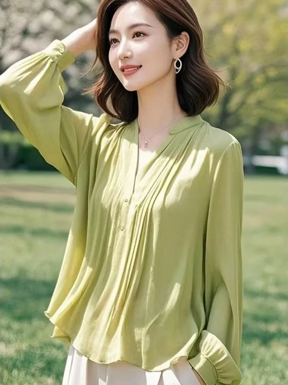 

2025 Spring New Unique Beautiful een Long Sve Silk irt Women's Non-Repeating Top Ladies Ele Commute Sle