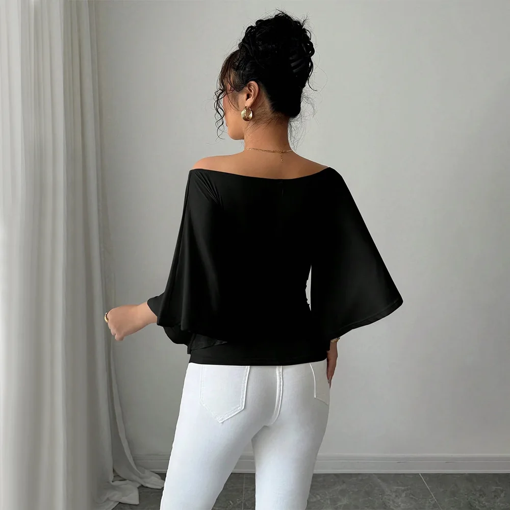Retro Elegant Goddess Black Off Shoulder Lantern Sleeve Fitted Waist Top Women