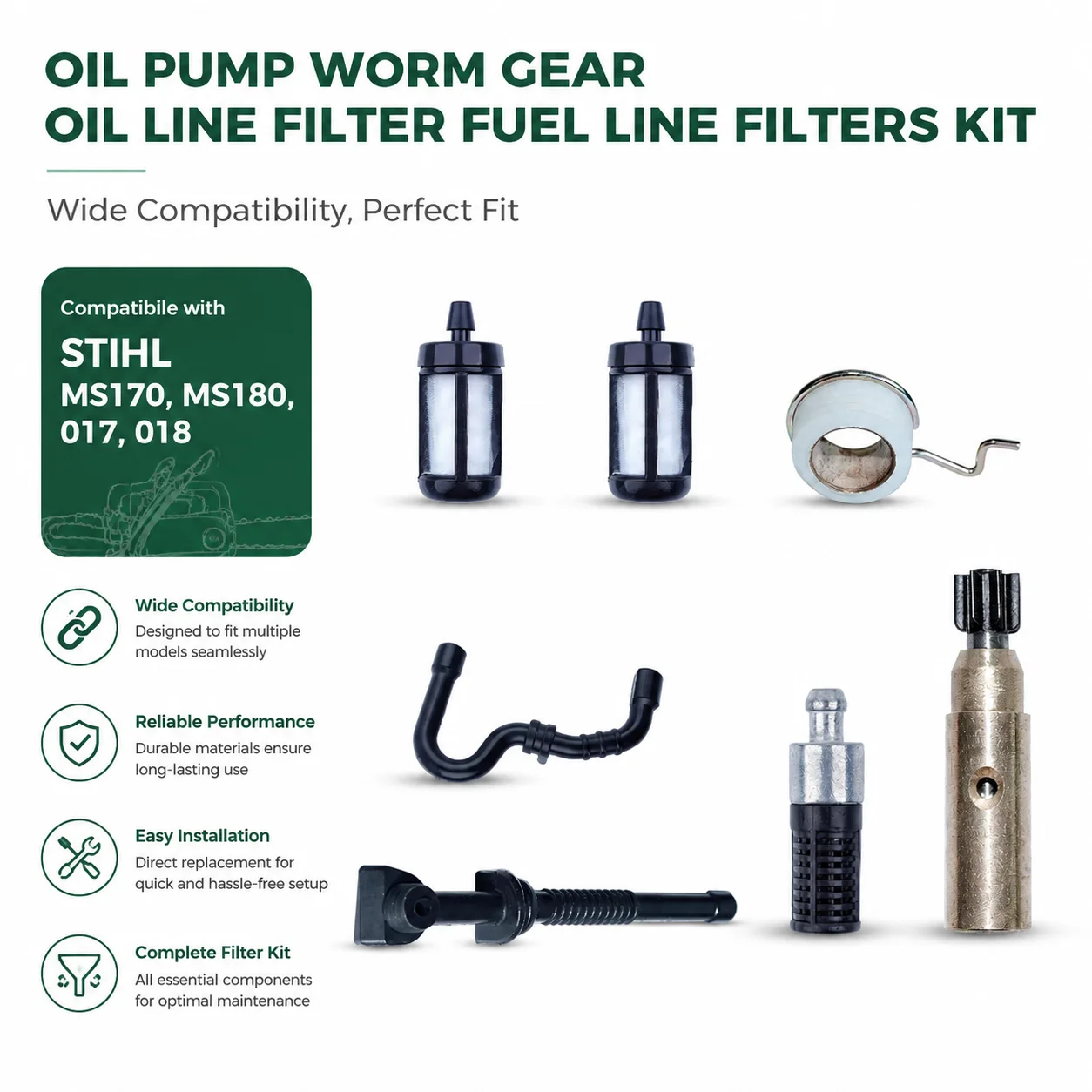 Oil Pump Worm Gear Oil Line Fuel Line Filter Kit For Stihl MS170 MS180 017 018 Chainsaw Replaces OEM 1123 640 3200 1130 647 9400
