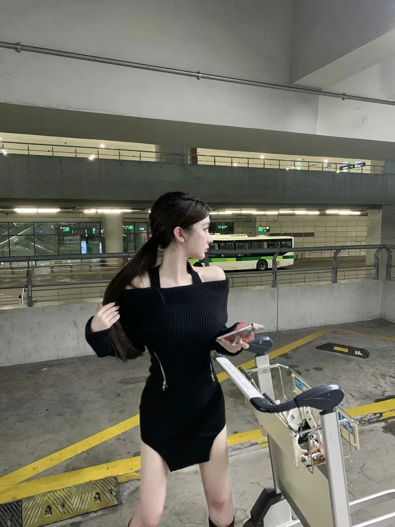 Sweet Hot Girl Pure Sexy Halter Neck Off Shoulder Sweater Women's Long-sleeved Short Knitted Pullover Fashion Female Clothes