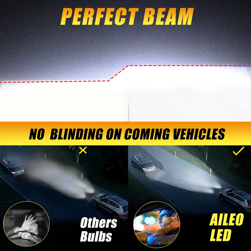 Lâmpada Aileo-conduzida para o farol do carro, h4, h7, h11, h8, h9, 9005, hb3, 9006, hb4, 6500k, 3000k, brilhante super, 50000lm, 12v, 2 peças