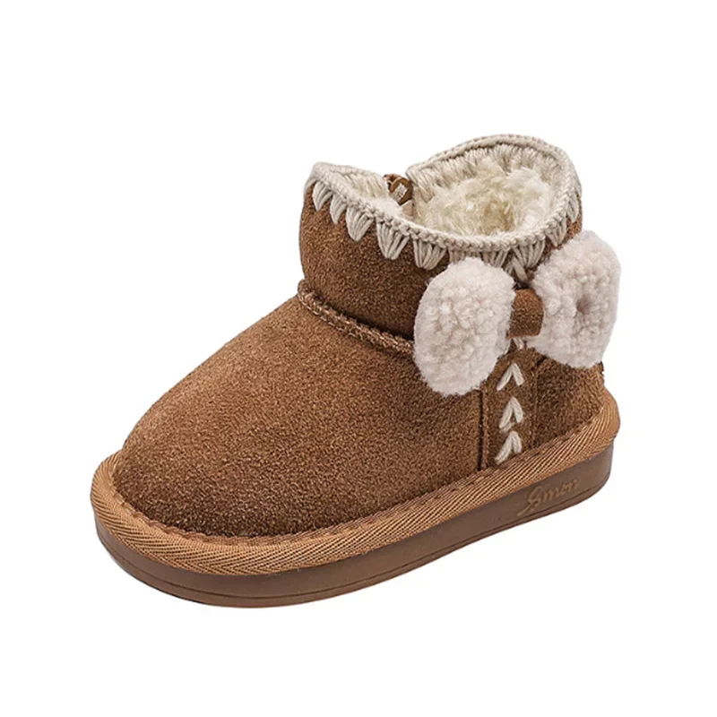 Bottes de neige en cuir pour enfants, nœud papillon, peluche chaude, tout-petit, enfants, filles, mode, EU 21-30