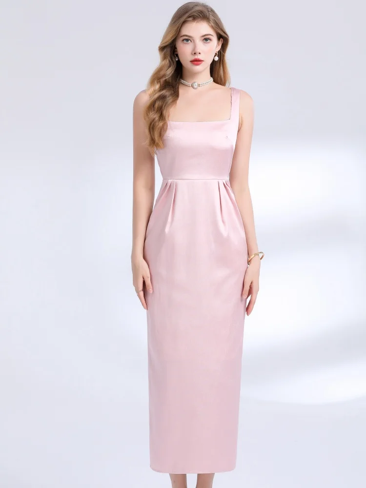 

High-End Temperament Socialite Style Party Dress Women's Sleeveless Slim Waist Spaghetti Strap Square Neck Solid A-Line Dresses