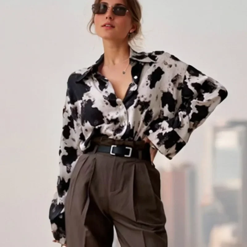 

Korean Fashion Clothes Chiffon Streetwear Long Sleeve Blouse New Cow Print Button Up Shirts Women Spring Plus Size Tops