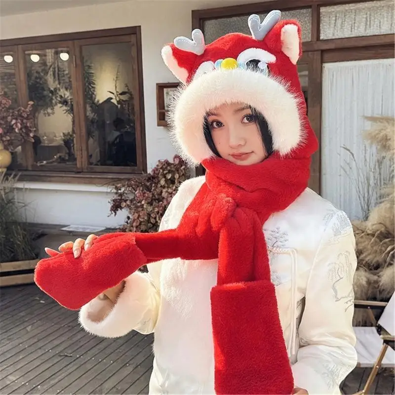 

L5YA Teens Plush Earflap Hat 3in1 Hat Glove Scarf Set New Year Festival Gift for Girl