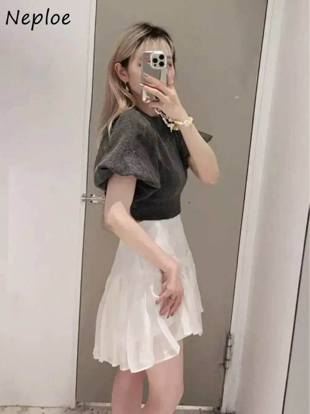 기질 O 넥 퍼프 슬리브 스위트 점퍼 올 매치 니트 캐주얼 패치 워크 풀오버 일본 모다 솔리드 우아한 니트