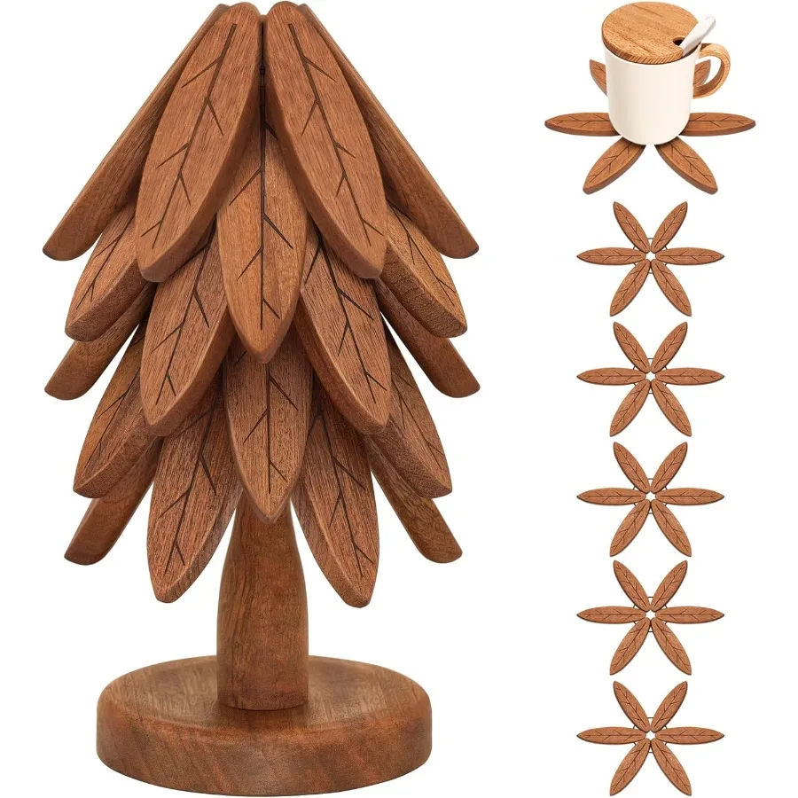 

Wooden Trivets for Hot Dishes Wooden Tree Trivet Set Tree Coasters of 5 + 1 Stand stored Suited for Hots Pans Bowl Teapot Hot H