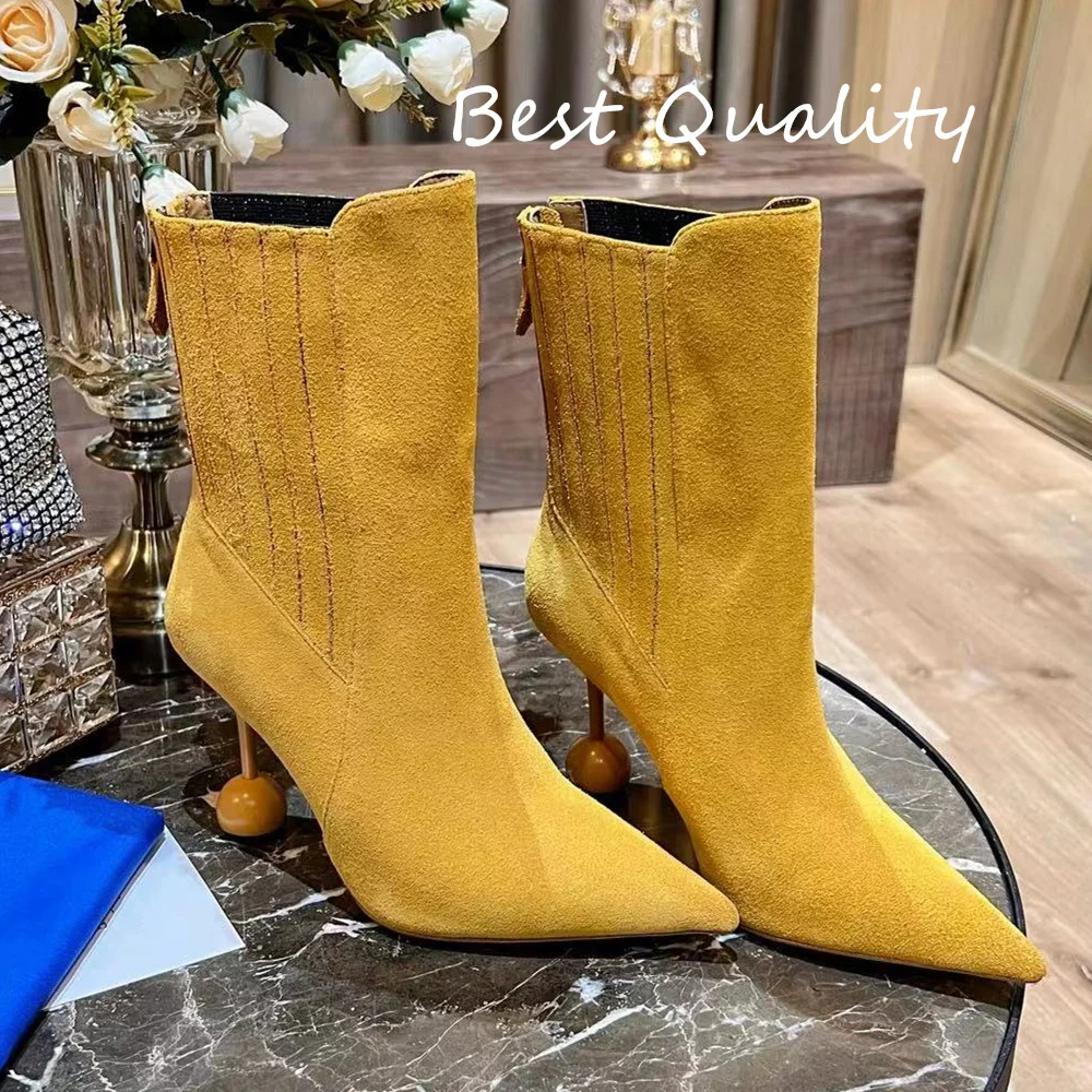 

2024 Winter Chelsea Boots Genuine Leather Suede Ankle Boots Sharp pointed slender heel High Heel Short Boots Luxury Quality