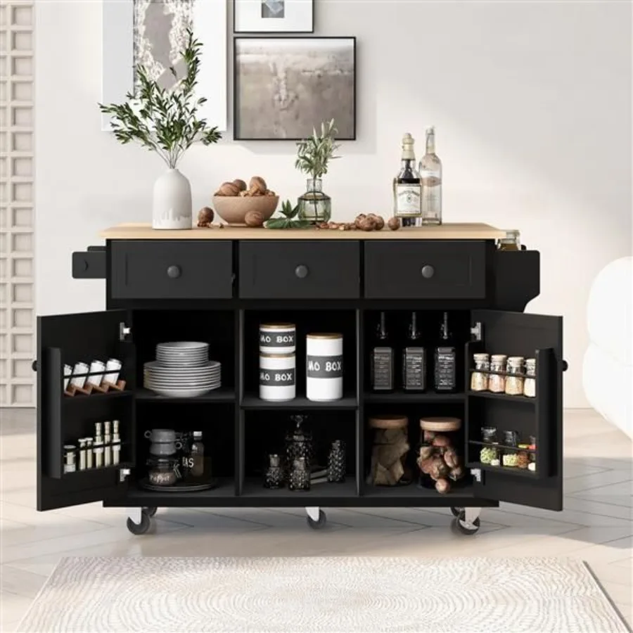 

Kitchen Cart with Rubber wood DropLeaf Countertop Cabinet door internal storage racks Kitchen Island on 5 Wheels with Storage C