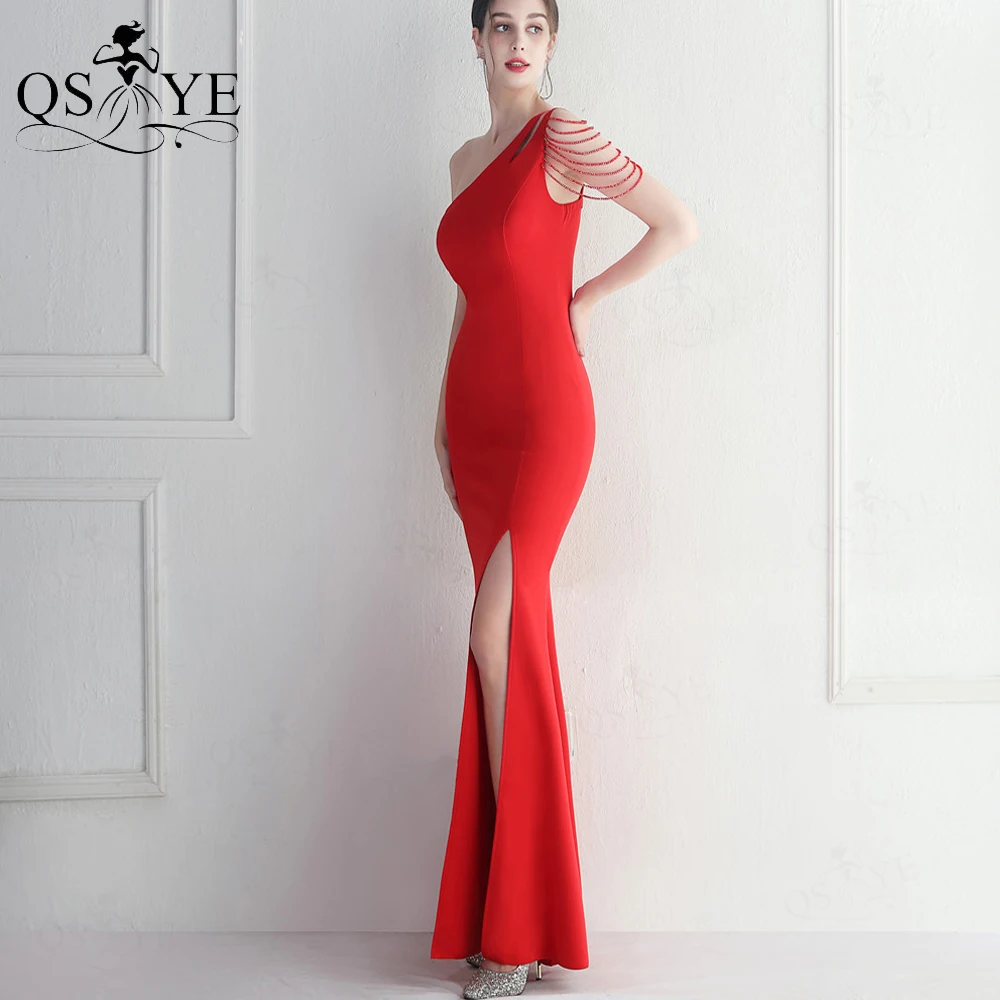 Bright Red One Shoulder Prom Dresses Beading Straps Long Stretch Satin Mermaid Evening Side Split Lady Simple Party Gown Plain