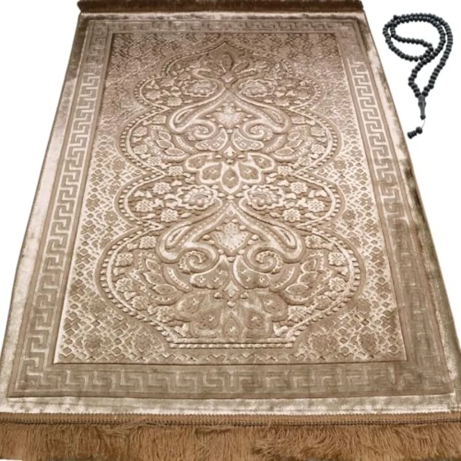 

Luxury Velvet Prayer Rug with Prayer Beads Soft Elegant Muslim Turkish Janamaz Sajada Carpet for Men and Women Plain Solid Pray