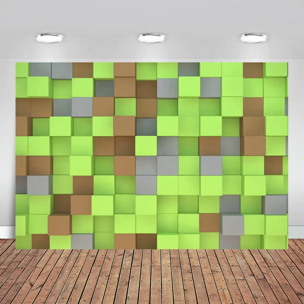 Green Bump Block Game Making Photo Backdrop Birthday Backdrop of Boys and Girls Pixel Party Article Photo Baby Bathe Backdrop