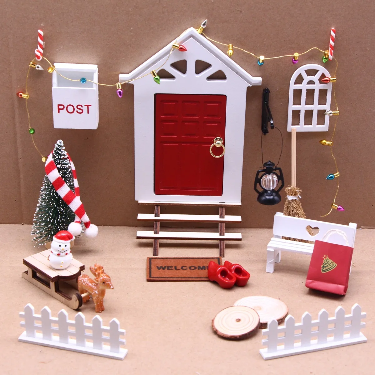 

1Set DollHouse Elf Door Christmas Decor Snowman Oil Lamp Tree Mailbox Sled Illumination Carpet Fairy House Miniature Scene Model