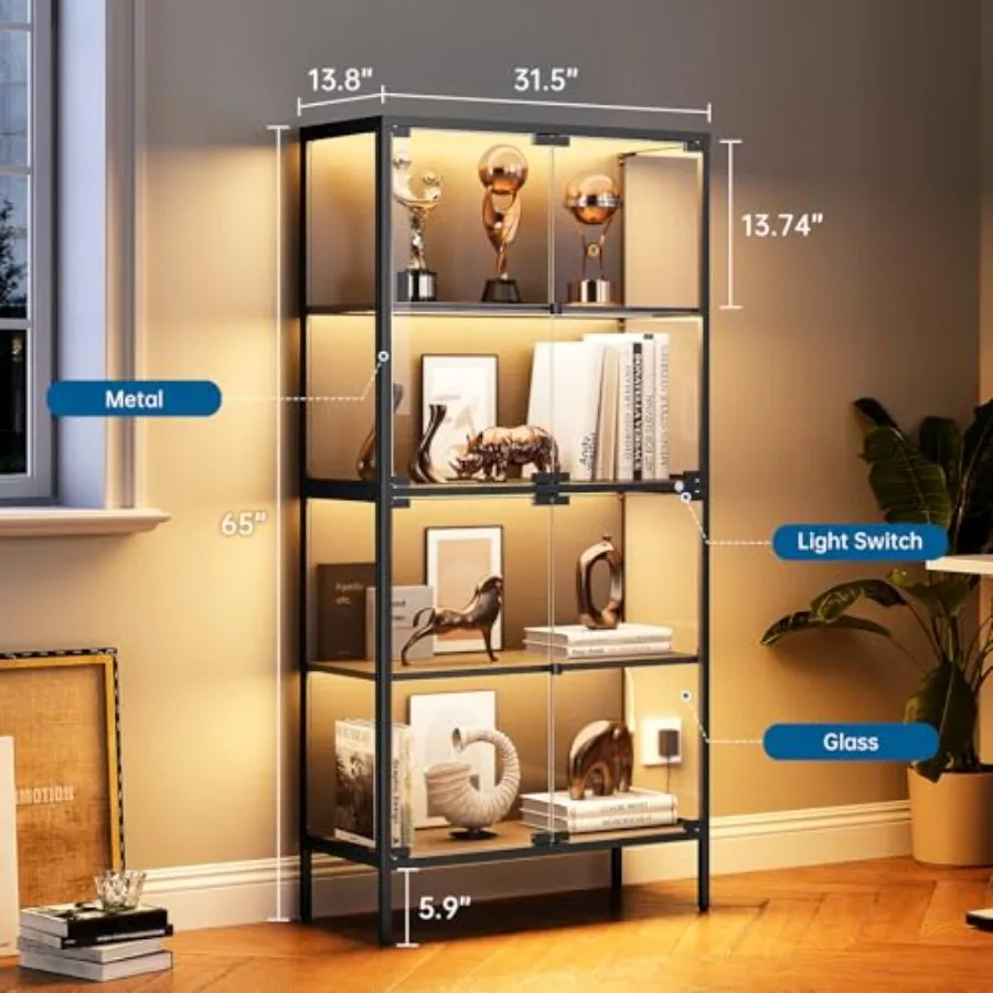 65 Glass Display Cabinet for Collectibles, Figures, Awards, Books, Toys Tempered Glass Doors, Metal Frame, 3-Color LED Light, S