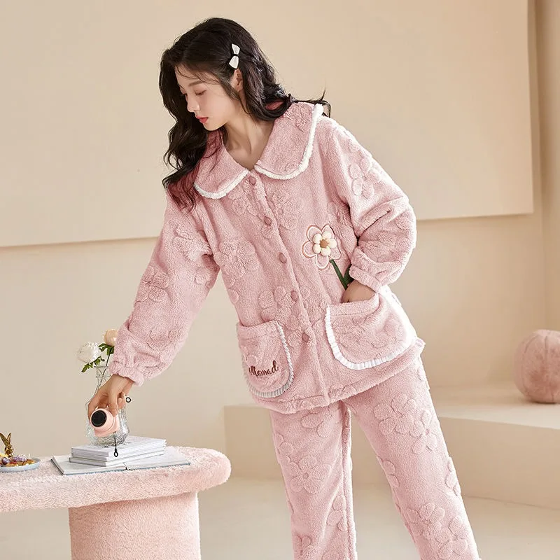 Coral Velvet Pajamas Women Winter Thickened Velvet Padded Sweet Sleepwear Sets Female Flannel Warm Loose Loungewear Suit 2024