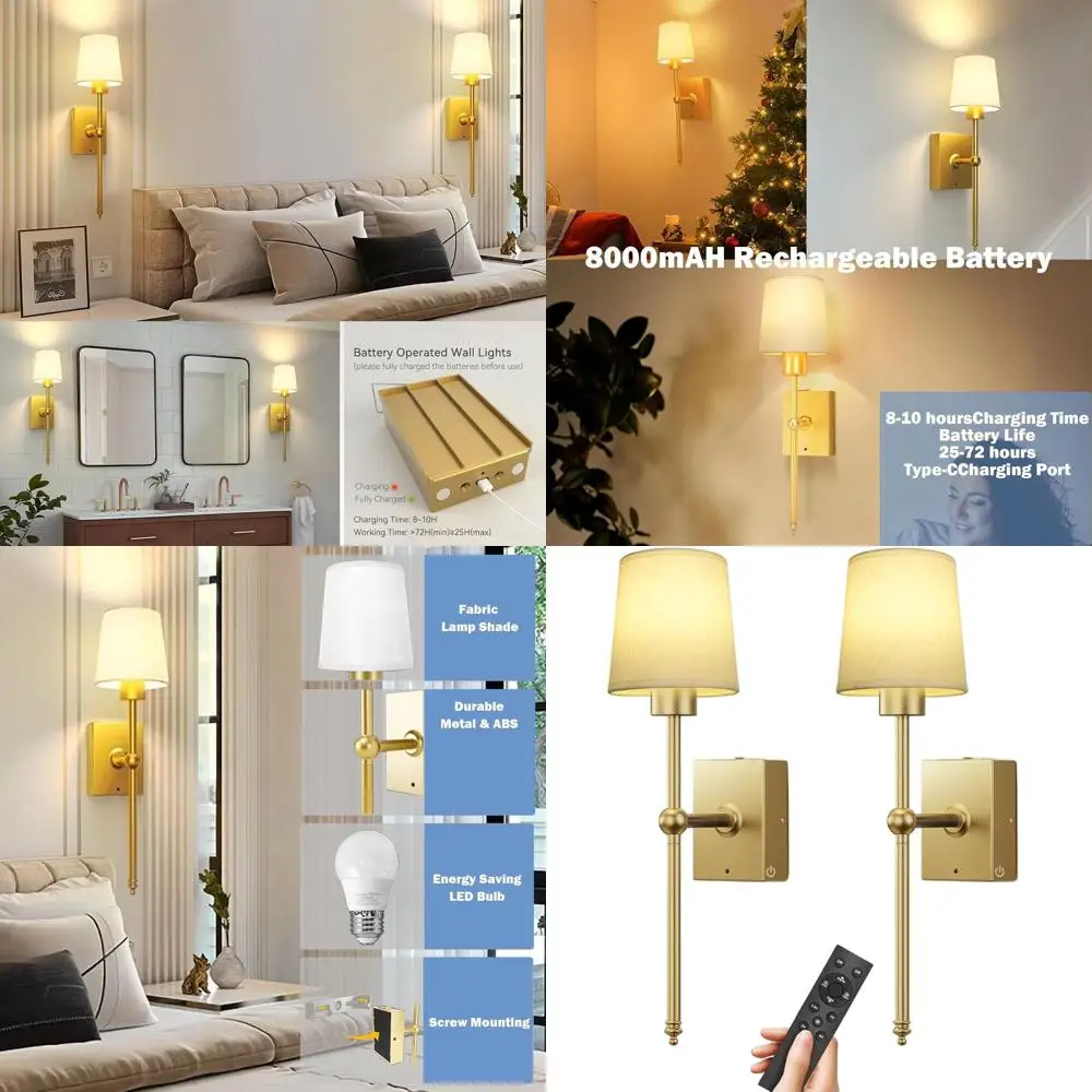 

Набор из 2 перезаряжаемых настенных бра: светодиодные фонари на батарейках емкостью 8000 мАч с пультом дистанционного управления, золотая отделка для домашнего декора