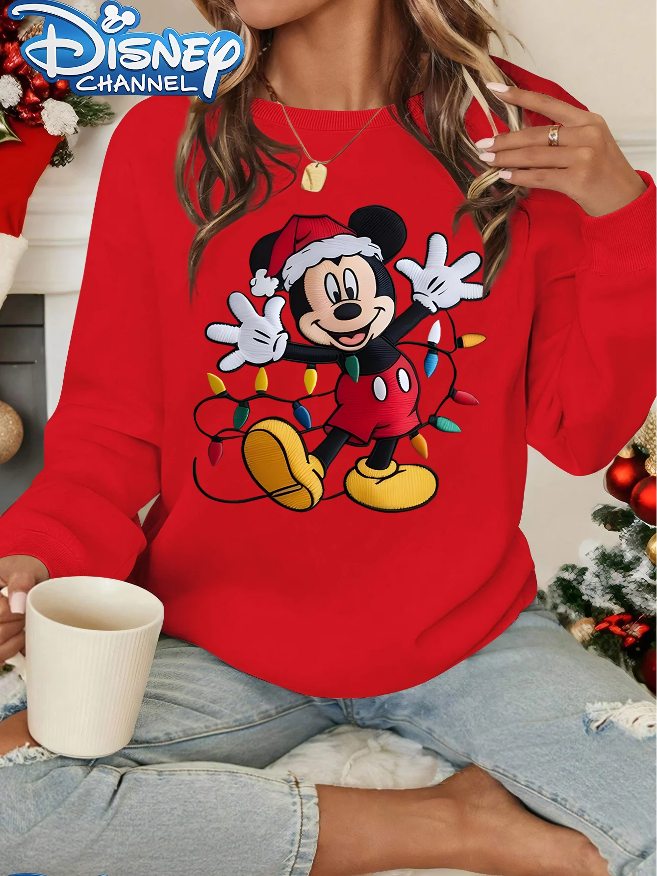 เสื้อสเวตเตอร์ผู้หญิงลายมิกกี้เมาส์ ดิสนีย์ สำหรับคริสต์มาส แฟชั่นทรงโอเวอร์ไซส์ คอกลม ใส่ได้ทั้งชายและหญิง เหมาะสำหรับฤดูใบไม้ร่วงและฤดูหนาว ผ้าฟลีซ สวมใส่สบายๆ