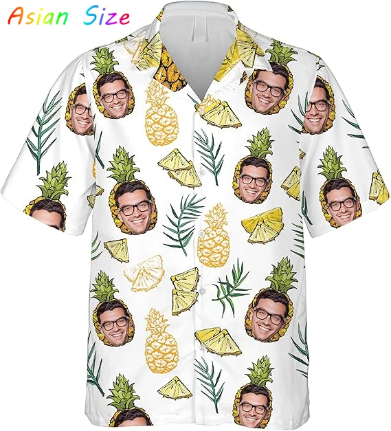 

Гавайская рубашка с индивидуальным изображением лица для мужчин и женщин, персонализированный подарок в гавайском стиле для девушки или парня, тропическая пляжная рубашка на пуговицах, камиса