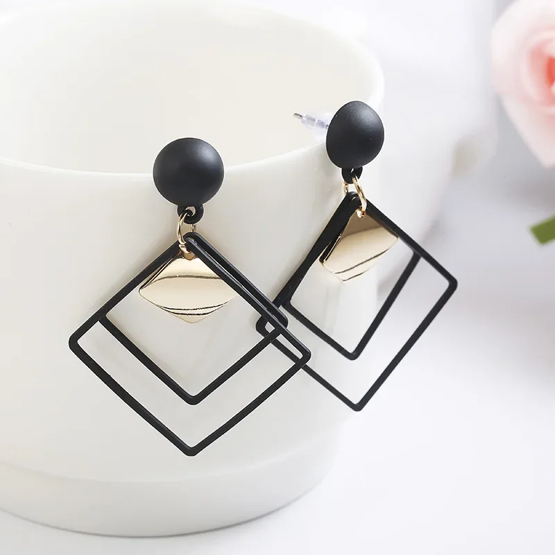 Fashion Retro Style European and American Exaggerated Earrings Women Frosted Square Double-layer Geometric Long Earrings