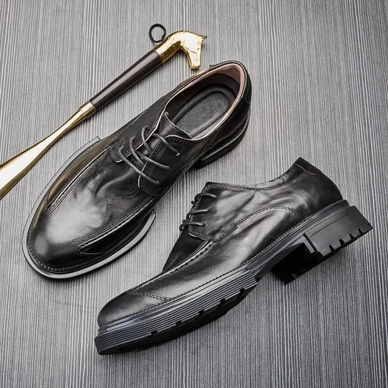 Men High Top Motorcycle Boots Retro Thick Sole Side Zip Casual Comfort Lace Up Non-Slip Business Formal Shoes Botas Masculino