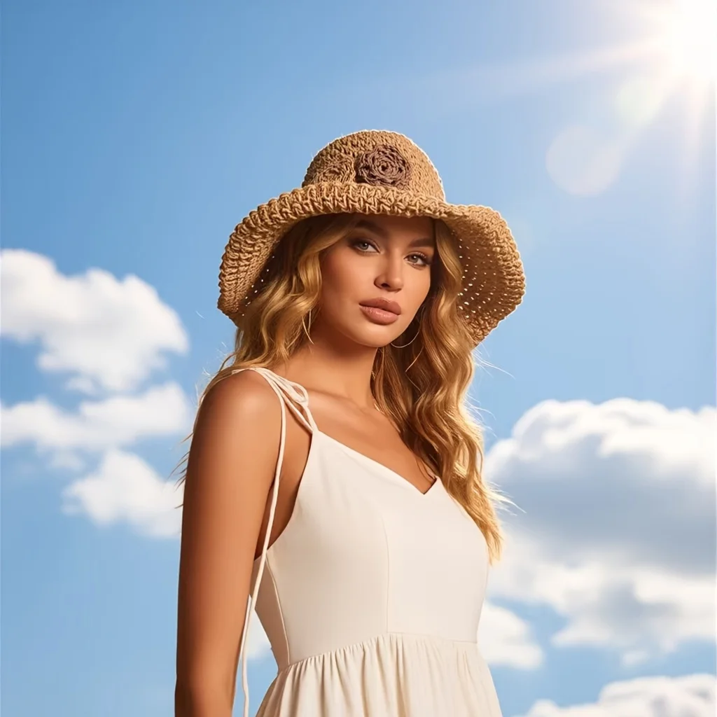 Bohemian Floral Women's Wide-Brimmed Beach Straw Hat Hand-woven Sun Protection Foldable for Easy Portability Adjustable Head Rim