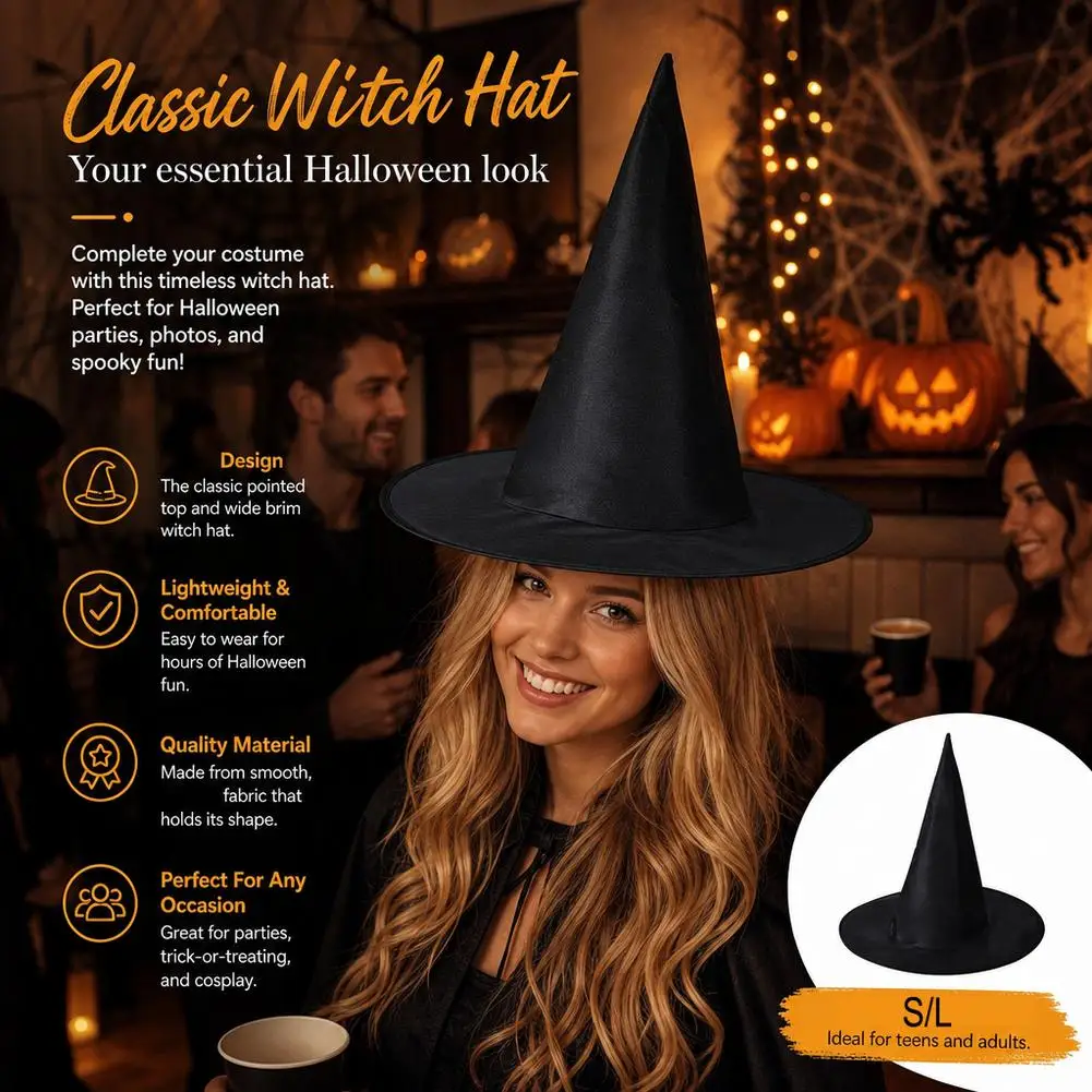 Halloween Wizard Hat Party Children Adult Black Pointed Oxford Cloth Magician Hat Witch Hat Masquerade Ball Party Dressing