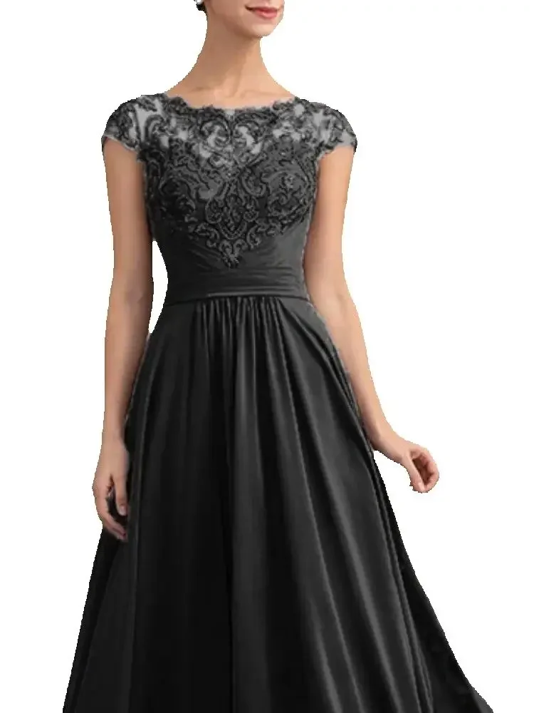 

Vintage Round Neck Lace Chiffon Ankle Length Formal Evening Dress