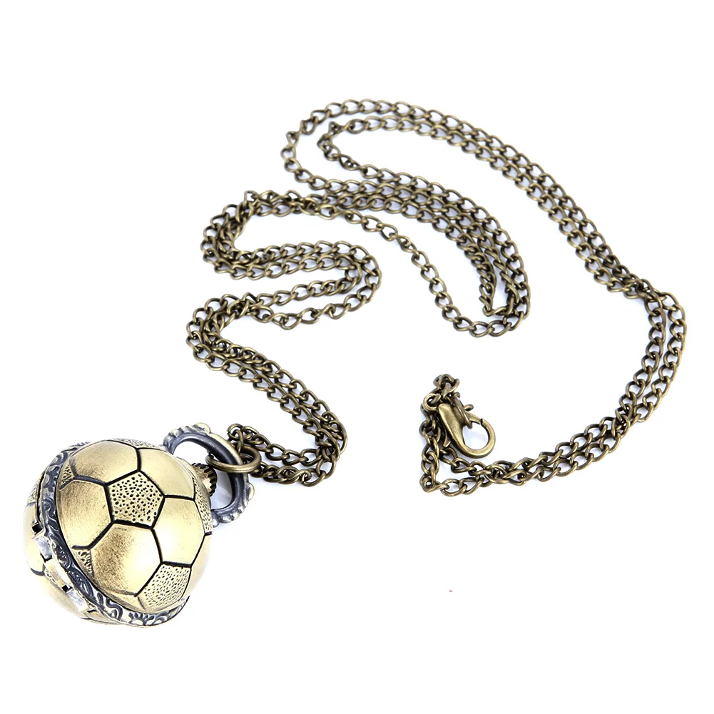 Retro Soccer Ball Shape Bronze Round Quartz Pocket Watch with Chain Necklace Jewelry Gifts LL@17