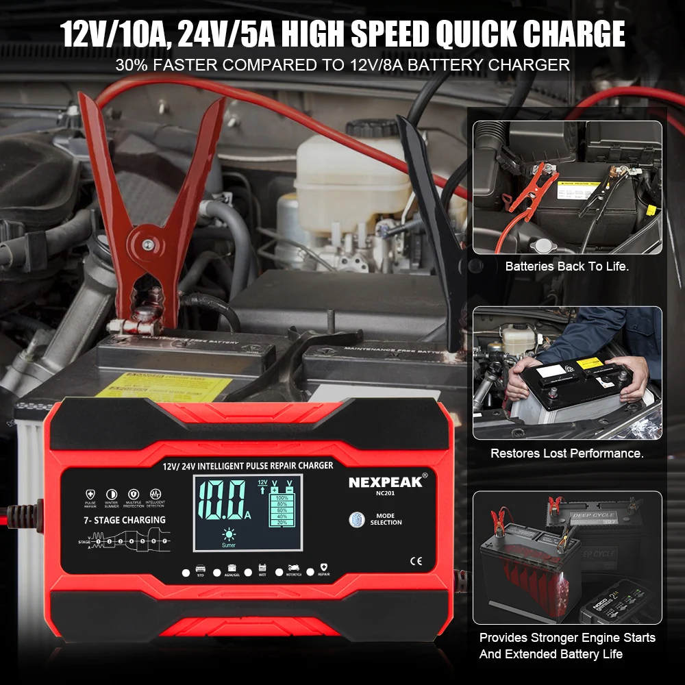 12V 10A/24V 5A Fully Automatic Car Battery Charger 7-Stage Fast Charging For AGM GEL WET Lead Acid Battery Charger LCD Display