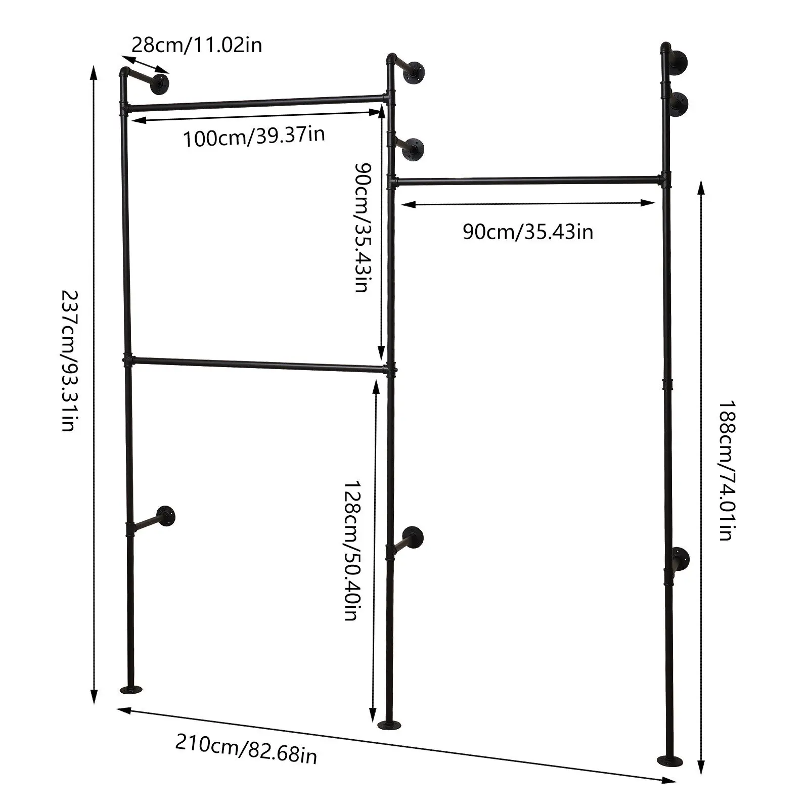 Wall Montado Pipe Industrial Vestuário Rack, vestuário Rack, encanamento roupas Rack