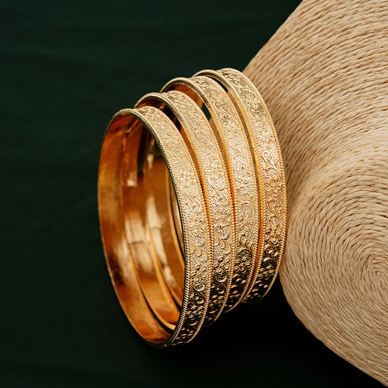 Gold Color Middle East Flower Carved Hand Bangles Arabic Dubai Bridal Charm Bracelet Metal Jewelry Accessory for Women