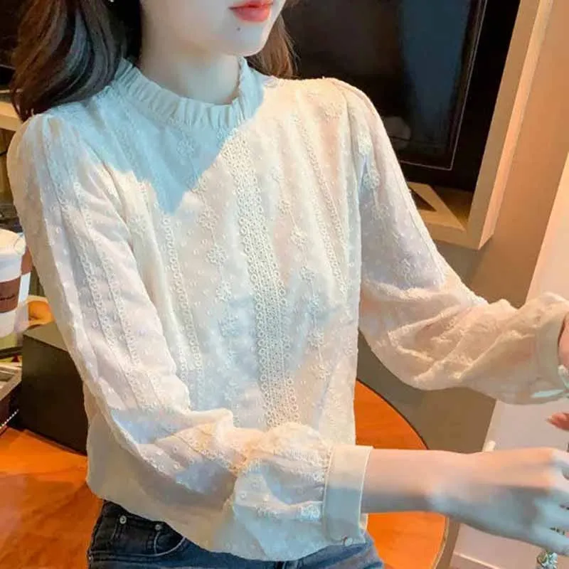 

Women Spring Summer Fashion Loose Fit Pullover Bottom Shirt Top Female Korean Chiffon Waist Slimming Long Sleeved Blouse Shirt