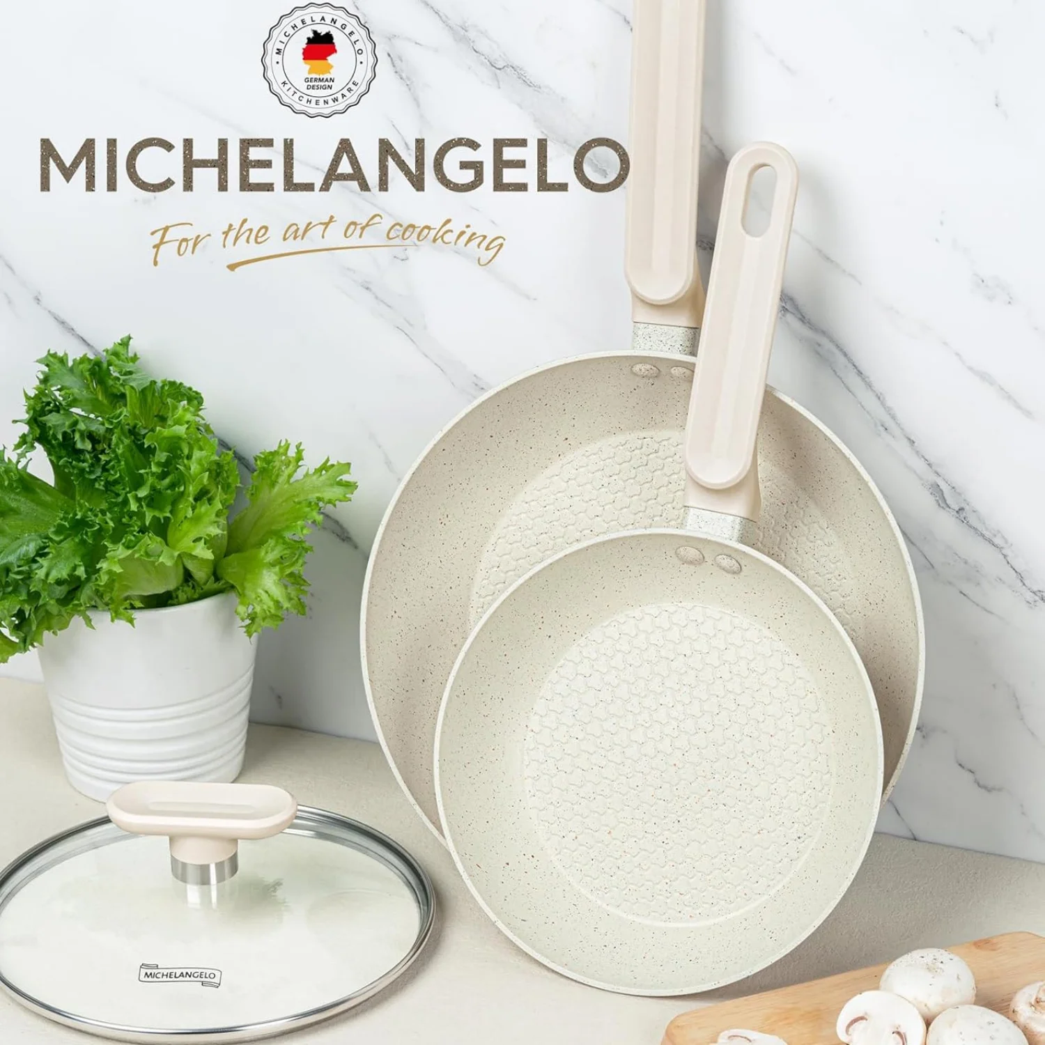 

MICHELANGELO 12-дюймовая сковорода с антипригарным покрытием и стеклянной крышкой, мульти-кастрюля, яйцеварка, индукционная кастрюля вок, кухонная кастрюля
