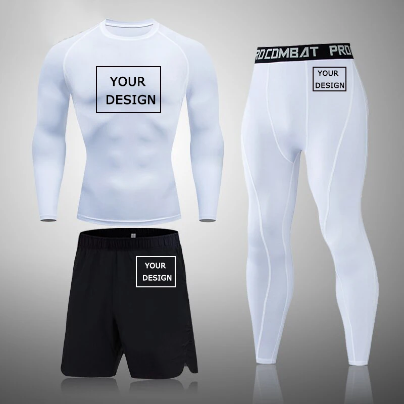 Custom Print Compression Fitness Suits for Men 3 Pieces Gym Workout Clothing Rash Guard Base Layer Undershirts Tops Pants Shorts