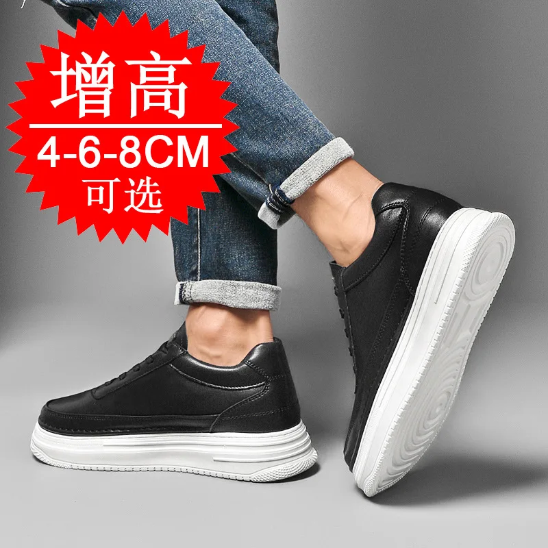 الرجال غير مرئية الارتفاع زيادة أحذية المصعد الأبيض وحيد الدانتيل متابعة الجلود رياضي ووكر 8 سنتيمتر 6 سنتيمتر الأبيض أحذية كعب مخفي