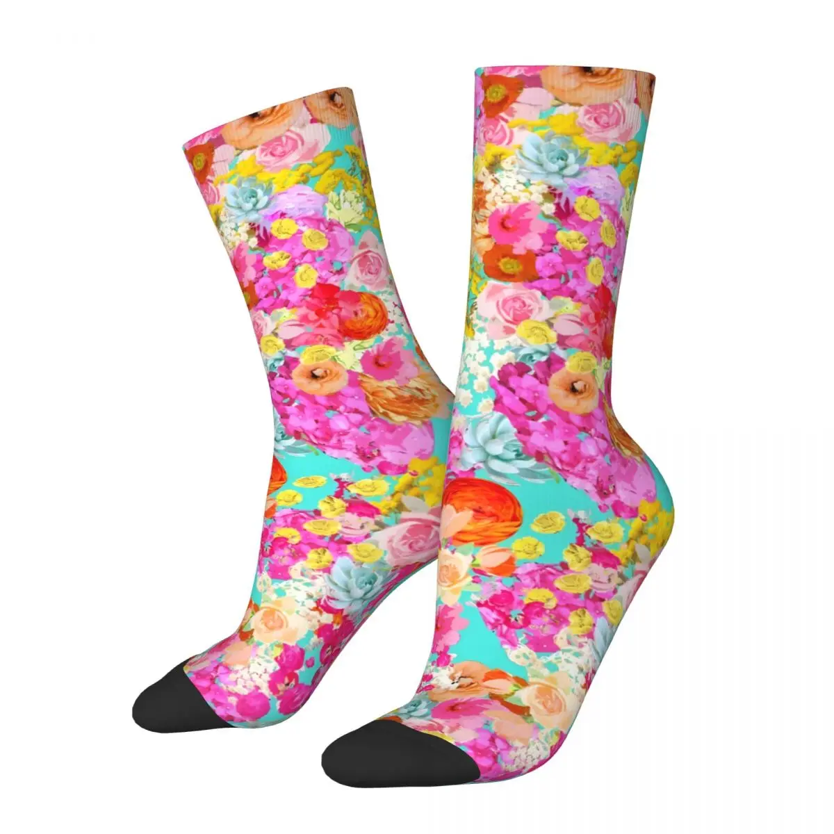 Crazy compression Summer Bright Floral With Turquoise Background Sock for Men Harajuku Seamless Pattern Crew Sock Novelty