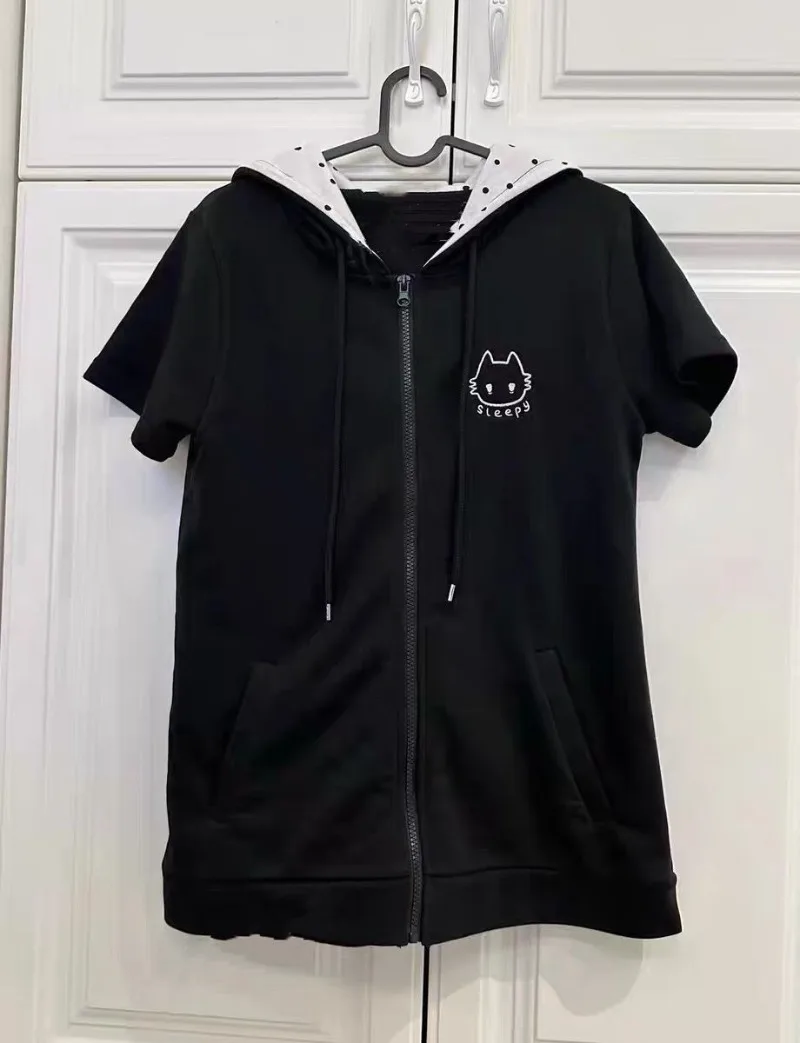 Summer Japanese Preppy Style Women Short Sleeve Zipper Hoodies Black Sweet Y2k Loose Kawaii Cat Ear Dot Hooded Sweatshirts