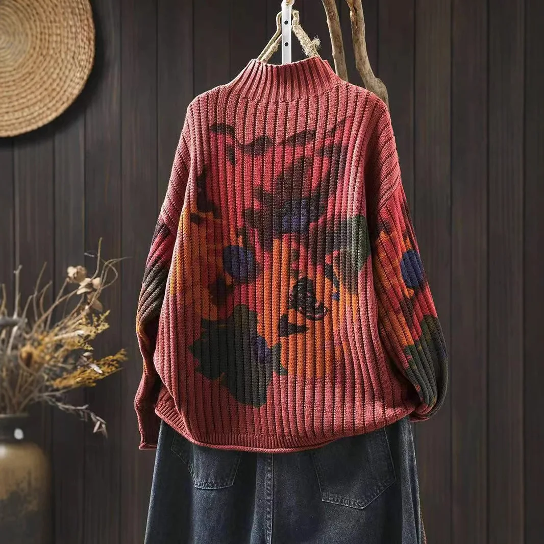 ملابس تريكو أنيقة بطباعة زهور للنساء ذات نوعية جيدة فضفاضة غير رسمية بأكمام طويلة نصف الياقة المدورة ملابس تريكو نسائية مريحة